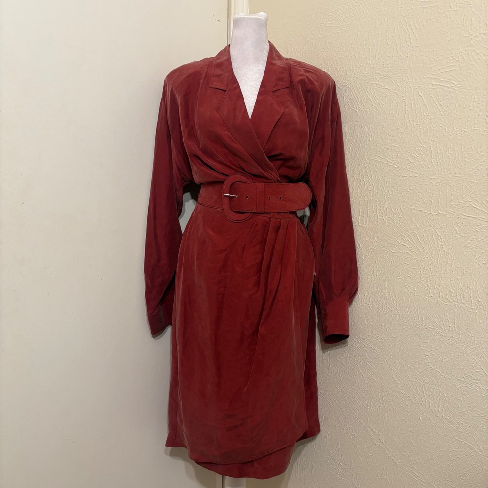 NWT 80s Burgundy Red Silk Belted Wrap Midi Dress Vintage Office Interview Sz 12